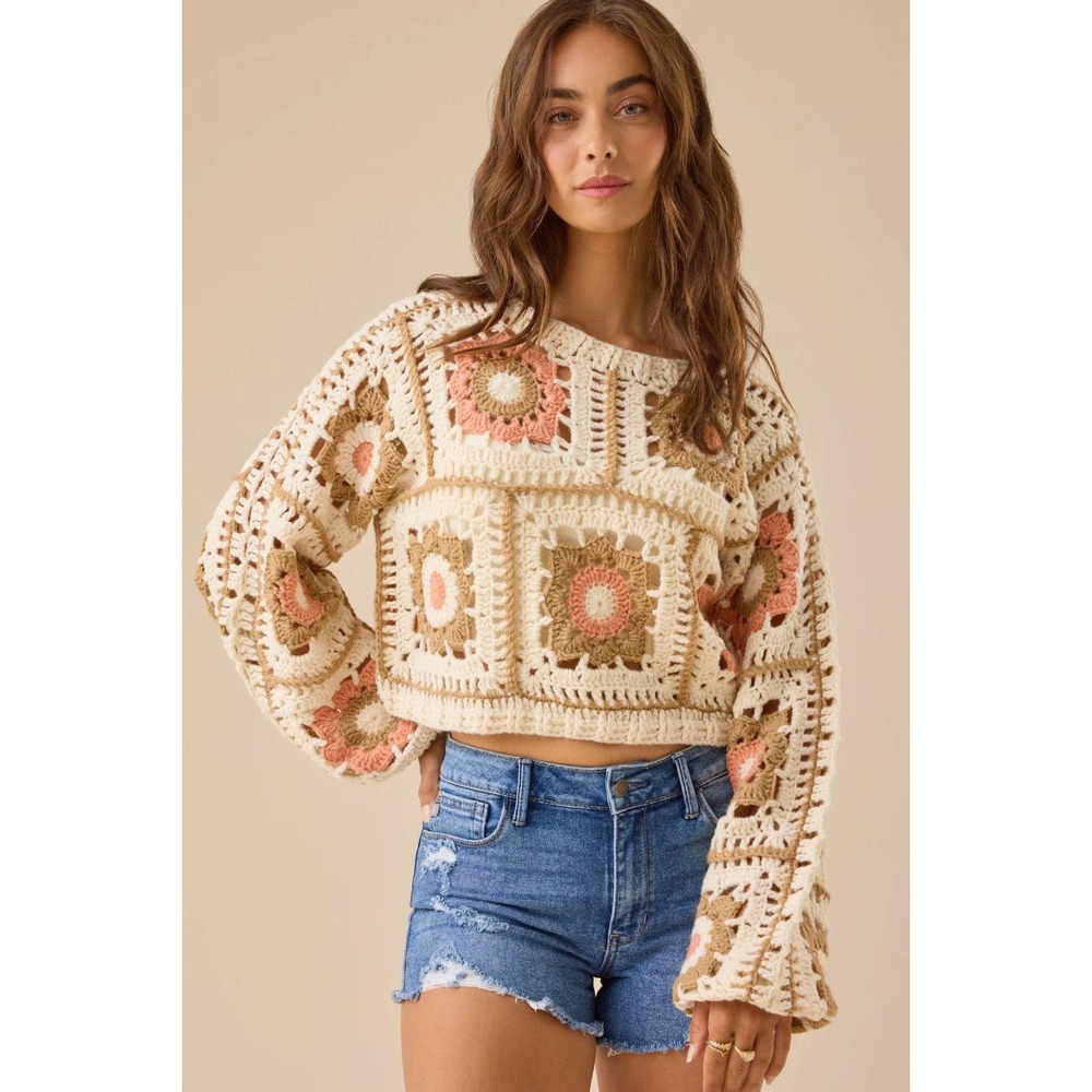 Altard State Discontinued Granny Square Crochet Sweater M/L NWT Cream Taupe Pink